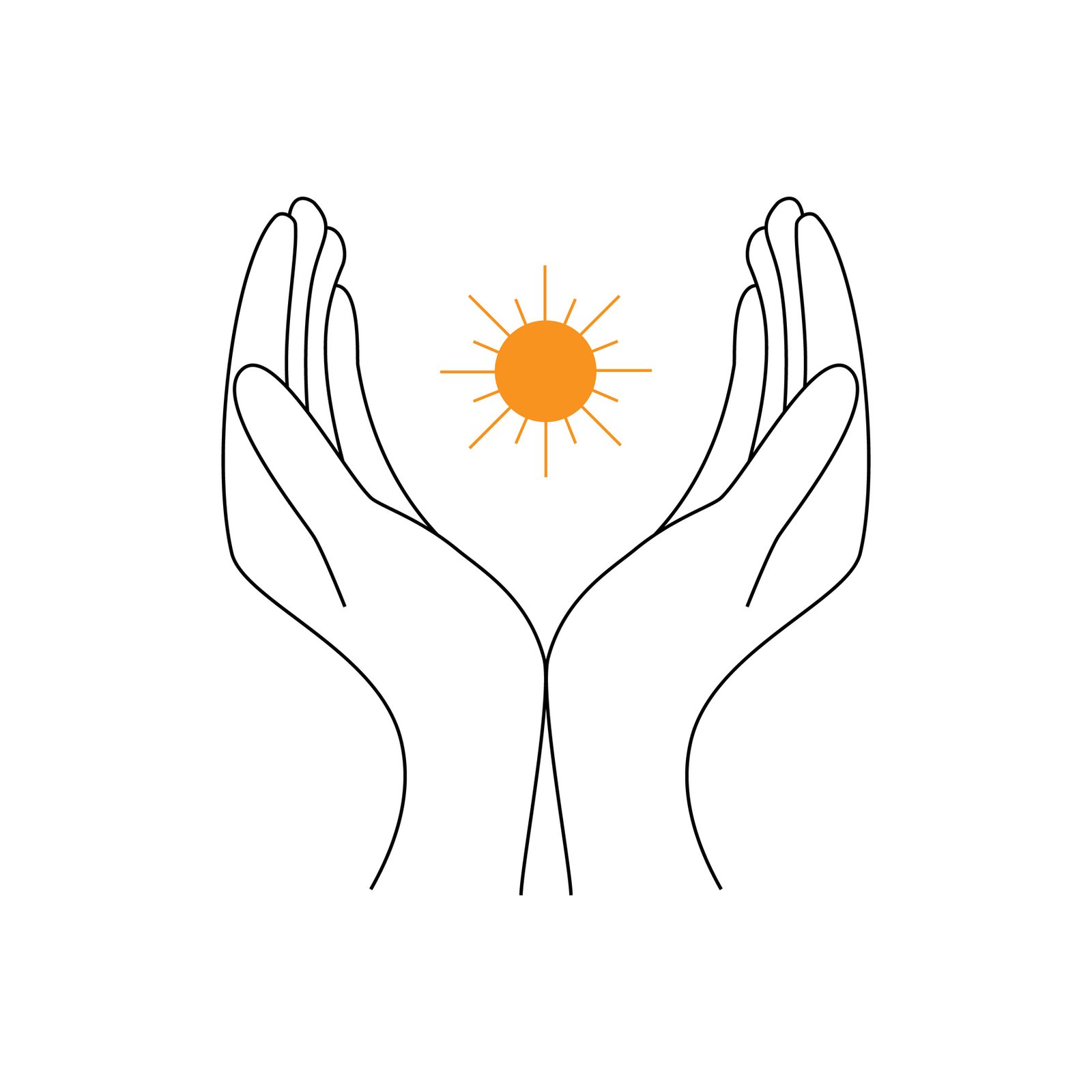 Line-Art-Zeichnung zweier Hände mit einer gelben Sonne
