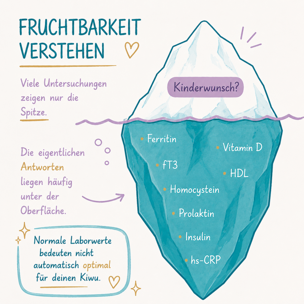 Infografik „Fruchtbarkeit verstehen“: Über der Wasseroberfläche zeigt die Spitze eines Eisbergs den Kinderwunsch, darunter liegen die Laborwerte Ferritin, Vitamin D, fT3, HDL, Homocystein, Prolaktin, Insulin und hs-CRP. Normale Laborwerte bedeuten nicht automatisch optimale Werte für den Kinderwunsch.